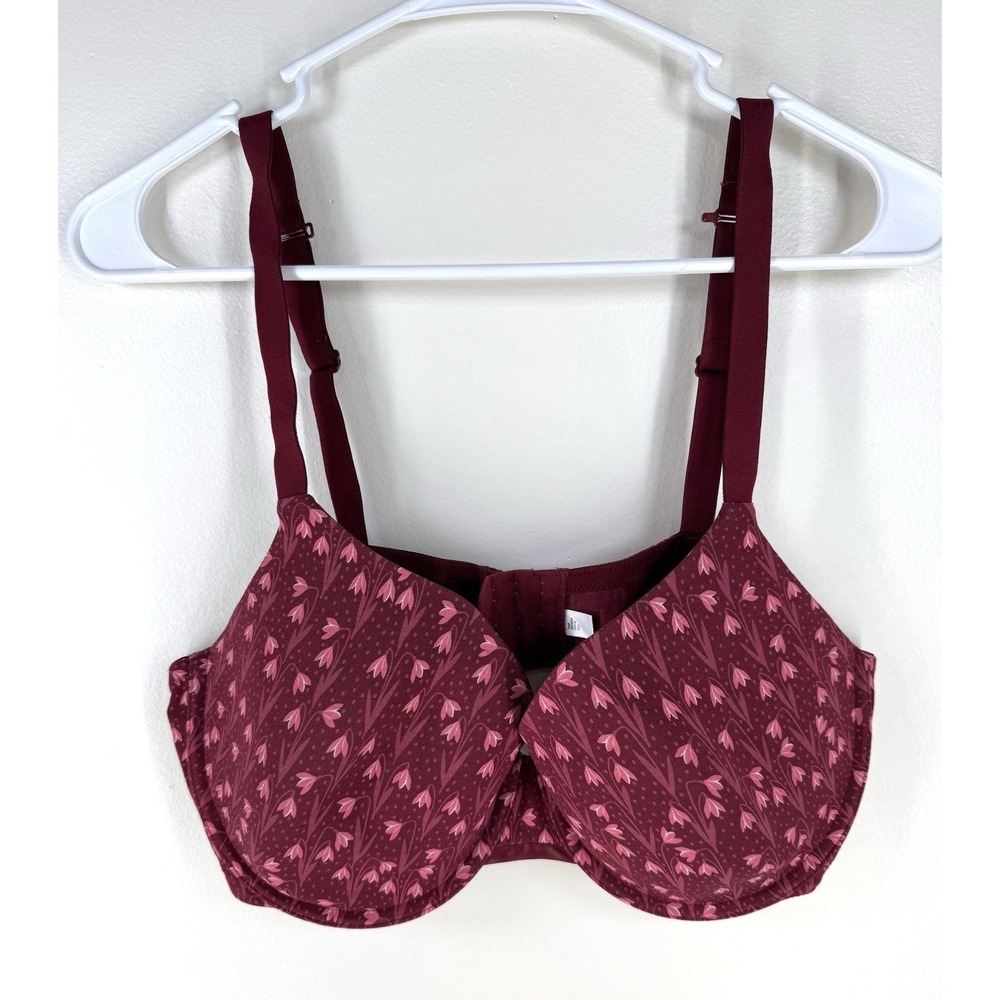 AUDEN Everyday Size 40D Burgundy Lined T-Shirt Underwire Bra Floral Cotton Blend